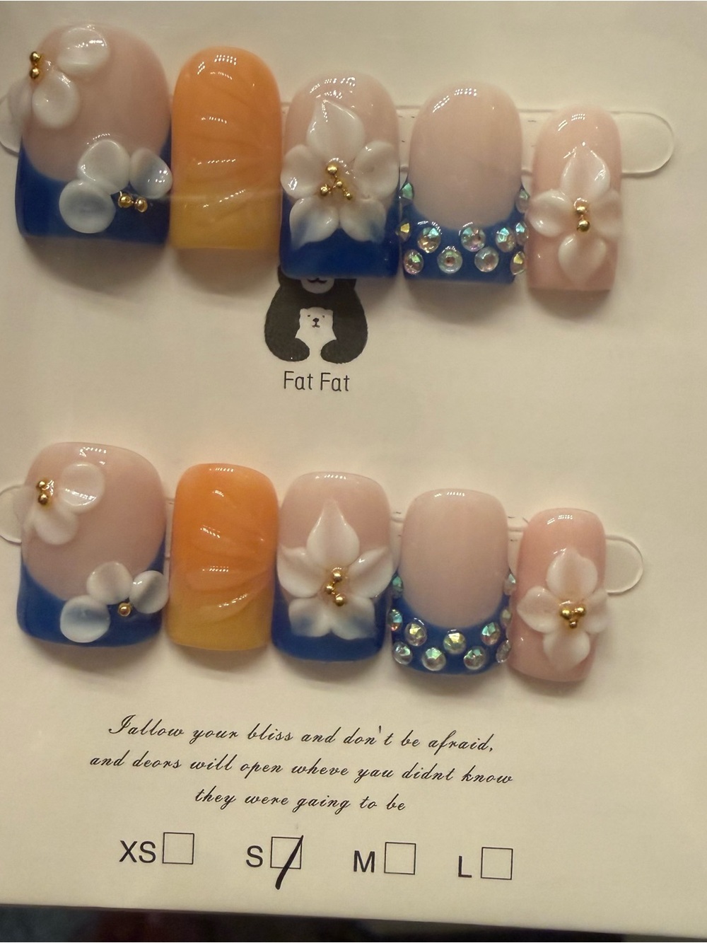 Hand-Painted Floral Press-On Nail Set French, Blue, Orange & Yellow